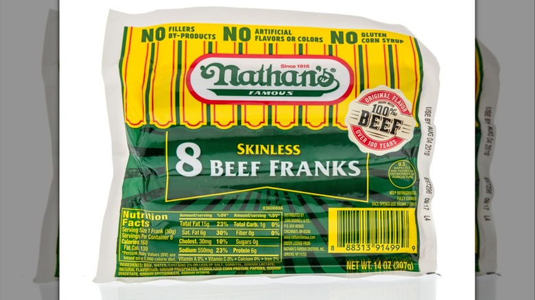 A package of Nathan's Famous Skinless Beef Franks