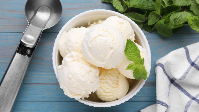 Vanilla ice cream in a bowl with mint sprig and scoop besides