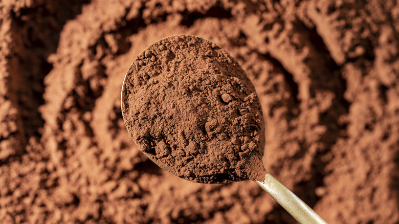 A spoon of hot chocolate mix held up over a bowl of cocoa powder