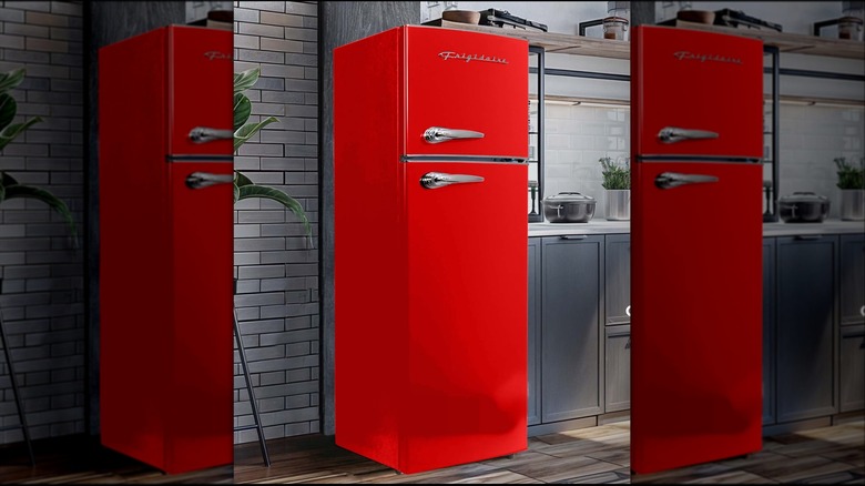 Image of a red retro-style fridge in a modern kitchen