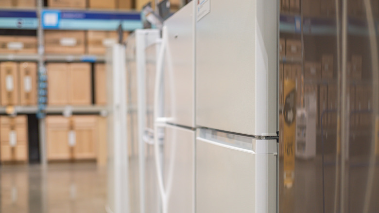 top-freezer refrigerator at an appliance store