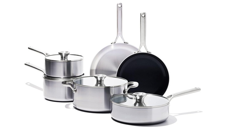 The OXO Mira Tri-ply Stainless Steel set on white background