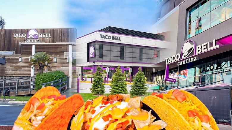 Taco Bell fancy location exteriors behind Taco Bell food