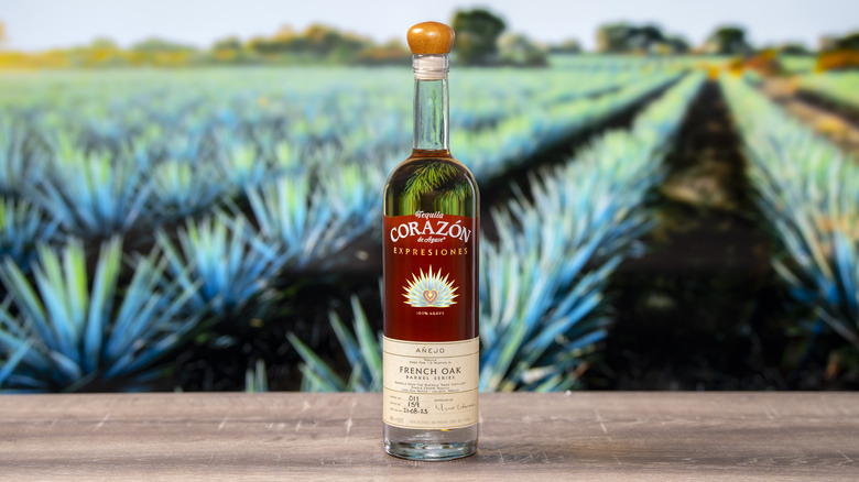 A bottle of Corazón Tequila next to agaves