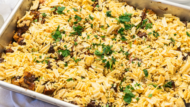 Side view of the corned beef Reuben casserole.