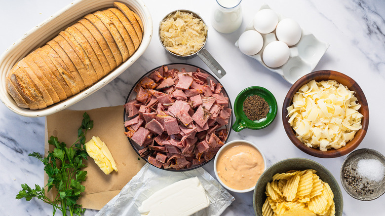 Ingredients for corned beef Reuben casserole.