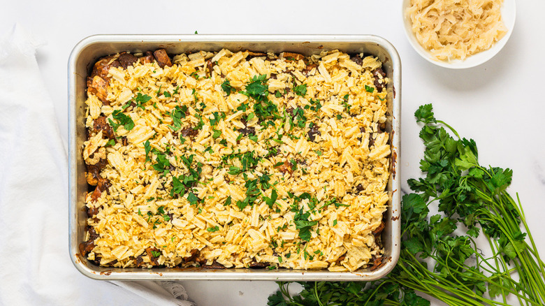 Casserole topped with crushed chips and parsley.