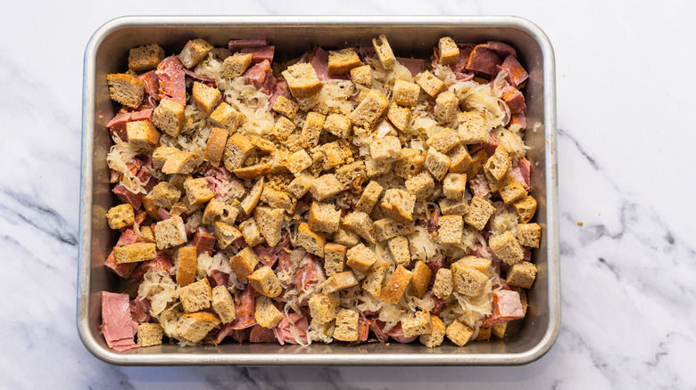 Layered casserole in dish.