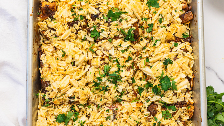 View on the middle of a corned beef Reuben casserole.