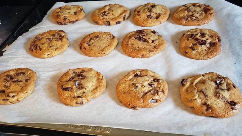 Cookies on baking tray baked from frozen Costco cookie dough