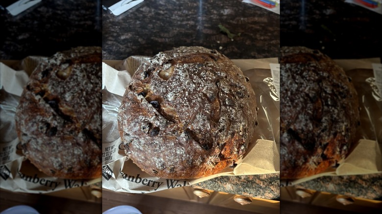 A loaf of Kirkland Signature Cranberry Walnut Round Bread