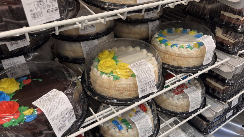 Costco bakery cakes on a rack