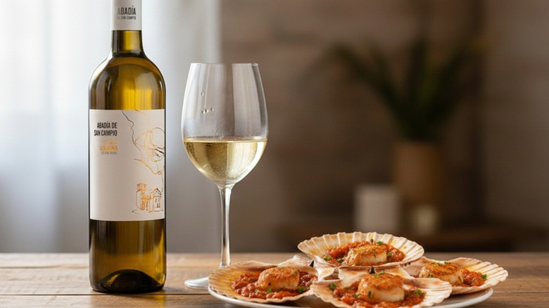 Bottle and glasses of Terras Gauda Abadía de San Campio Albariño with scallops