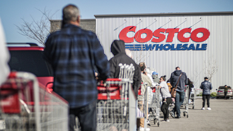 Long line of customers outside Costco store in Marina del Rey, Los Angeles County
