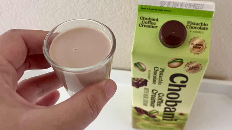 Shot glass with Pistachio Chocoalte creamer in it