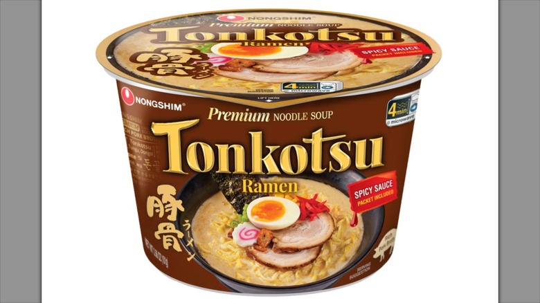 The Nongshim Tonkotsu Ramen case from Costco showing a bowl of the ramen with toppings