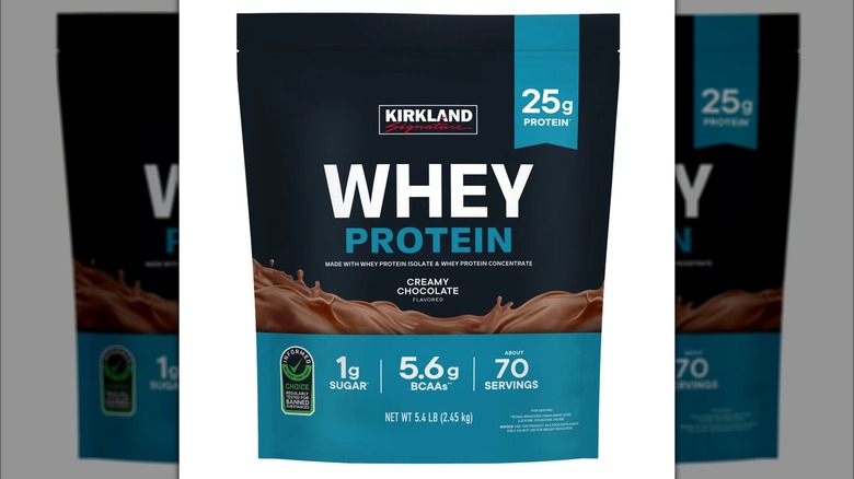 Chocolate whey protein package from Costco