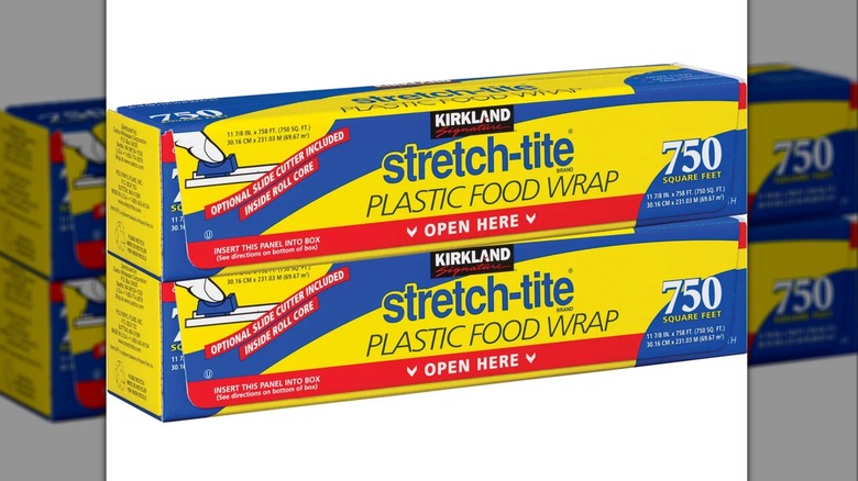 Two pieces of Kirkland Signature Stretch-Tite plastic food wrap