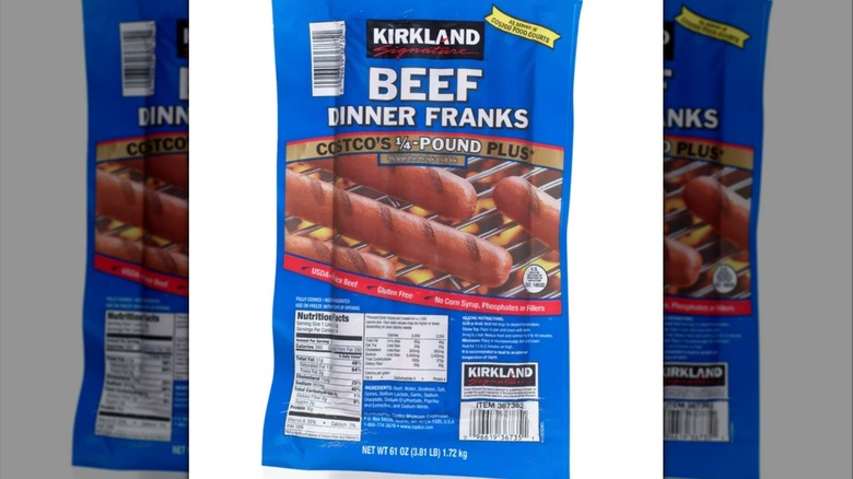 Product image of Kirkland Signature hot dogs in a blue package