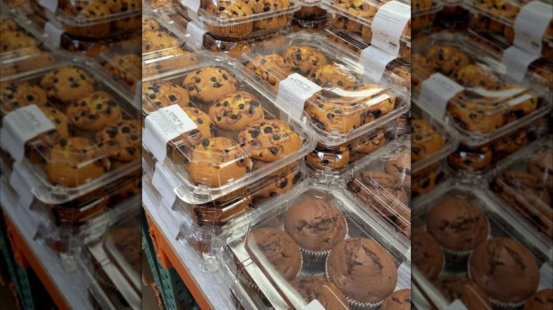 Mirrored image of trays of large muffins stacked at Costco
