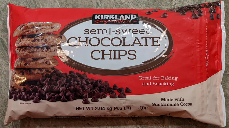 Packet of Kirkland's semi-sweet chocolate chips on a countertop