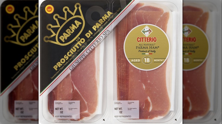 A plastic package of Citterio 18 Month Prosciutto Di Parma against a white background.