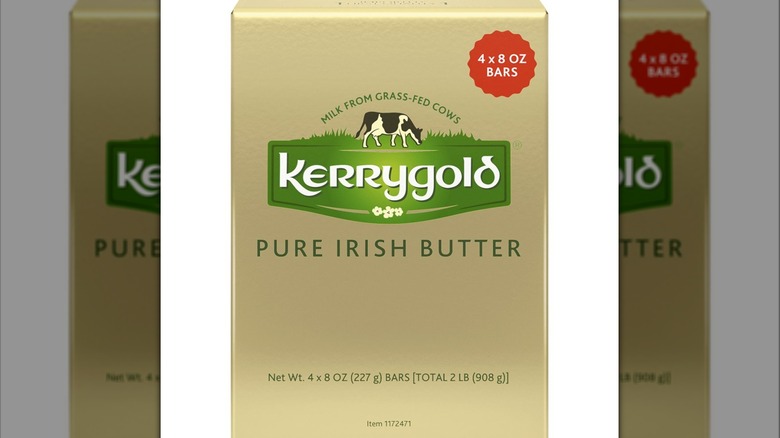 Package of Kerrygold Pure Irish Butter, Salted against a white background.