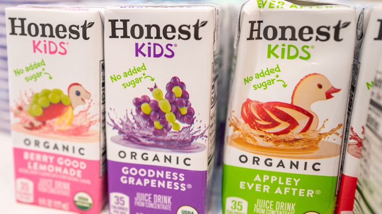 Close-up of various Honest Kids brand juices