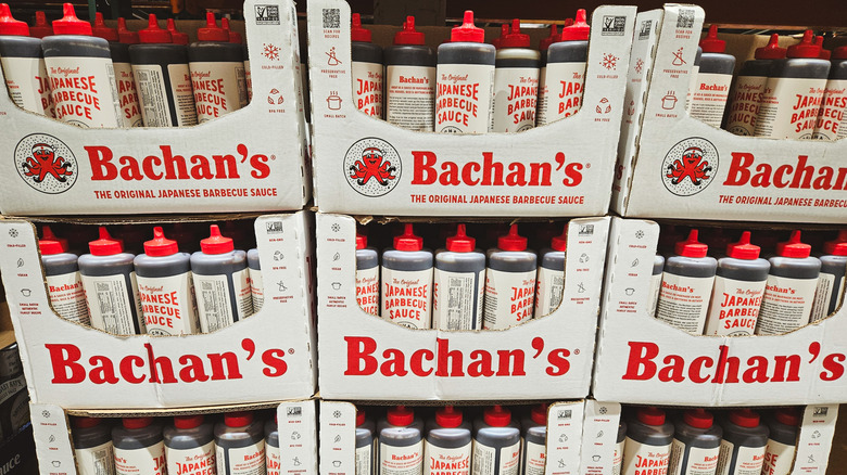 Stacks of Bachan's Japanese Barbecue Sauce in a store