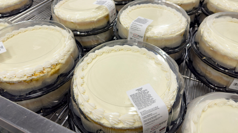 Costco Kirkland Signature plain whole cheesecakes on display in cold case