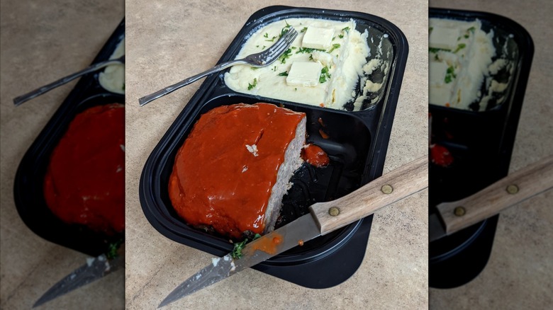 A package of Kirkland Signature Meatloaf with Yukon Gold Mashed Potatoes