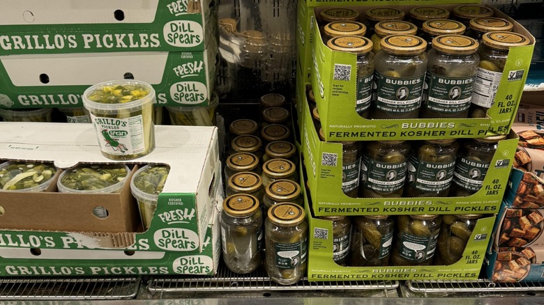 jars of Grillo's and Bubbies pickles stocked next to each other at Costco