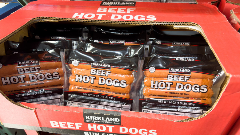 Display of Kirkland Signature beef hot dogs