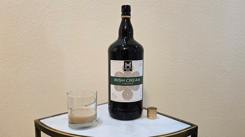 Bottle of Member's Mark Irish Cream Liqueur and glass