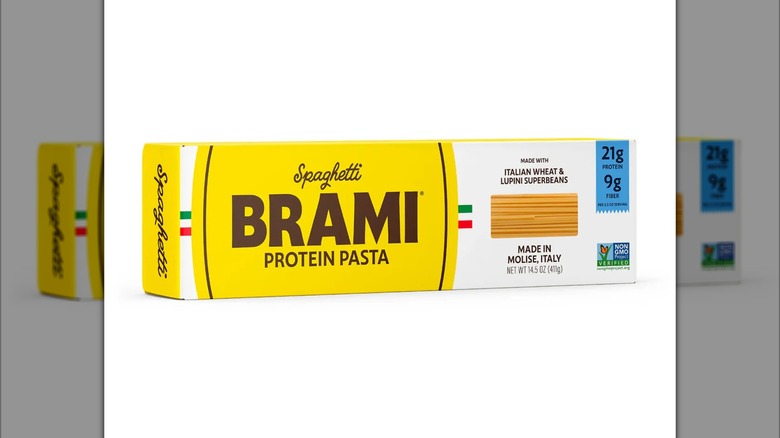 Yellow and white box of Brami Protein Spaghetti on white background