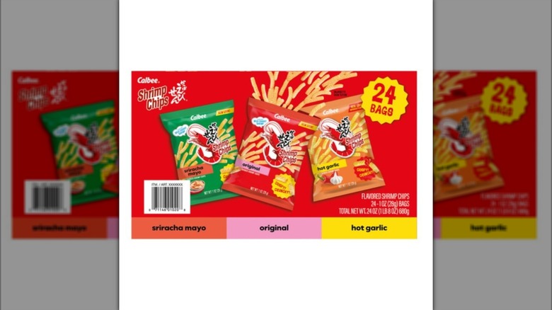 Red box of Calbee Shrimp Chips Variety Pack from Costco on white background