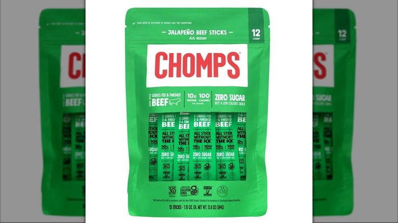 Green bag of Chomps Jalapeño Grass Fed Beef Sticks on white background