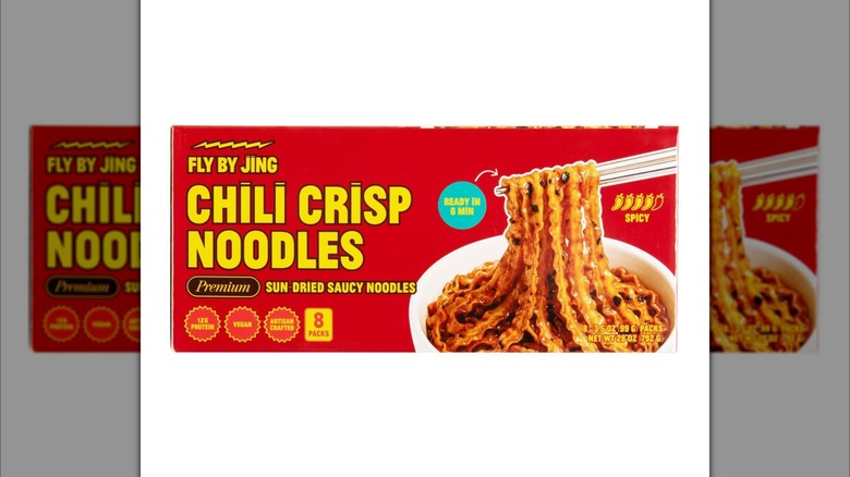 Red box of Fly By Jing Chili Crisp Noodles instant meal