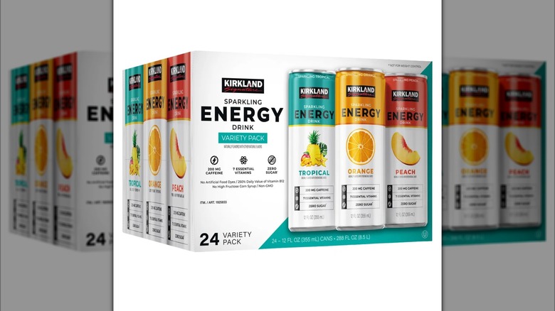 Box of Kirkland Signature Sparkling Energy Drinks on white background