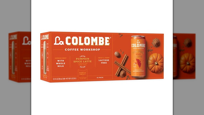 Orange case of La Colombe Pumpkin Spice Draft Latte canned coffee drinks