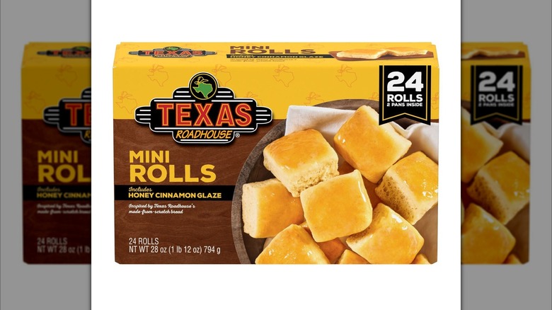 Yellow and brown box of Texas Roadhouse Mini Rolls