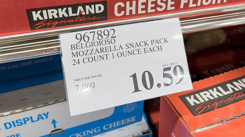 Costco price tag for Belgioioso mozzarella snack pack for $10.59