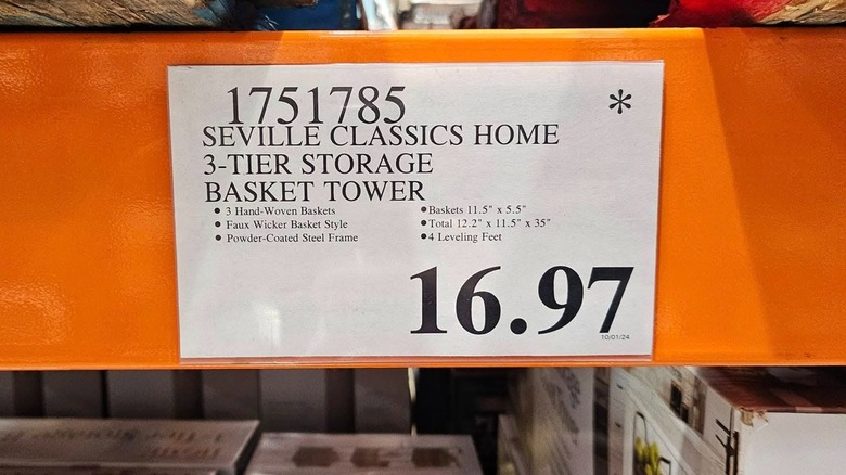 Costco price tag for 3-tier storage basket tower for $16.97