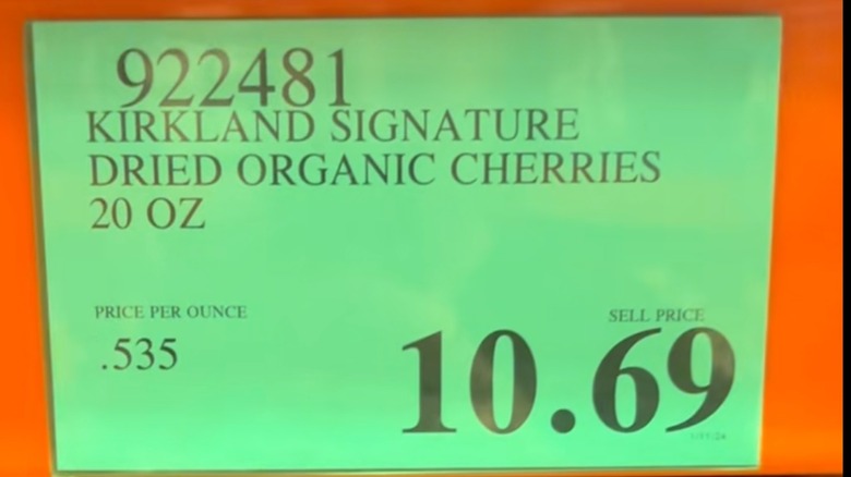 Costco organic green tag for Kirkland Signature dried organic cherries