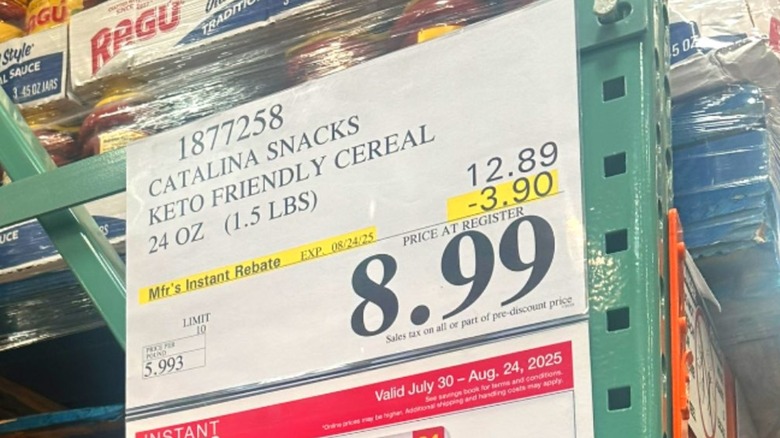 Costco Catalina Snacks keto friendly cereal price tag with instant rebate