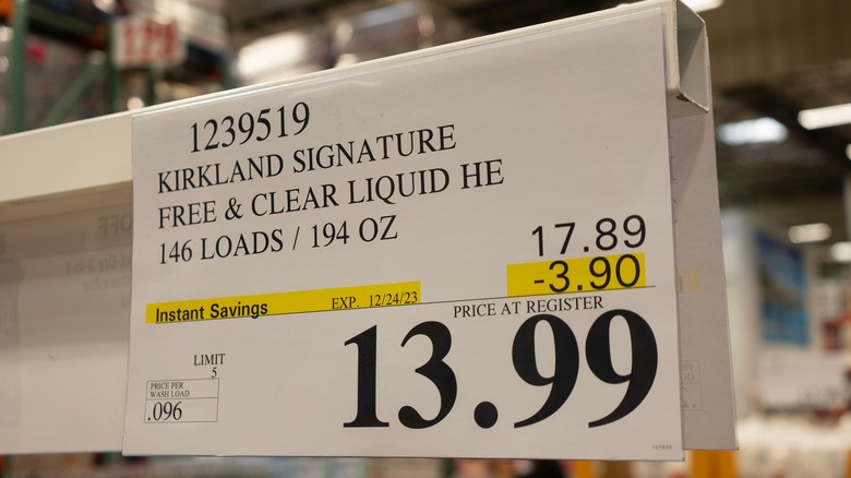 Costco price tag for Kirkland Signature Free & Clear Liquid for $13.99