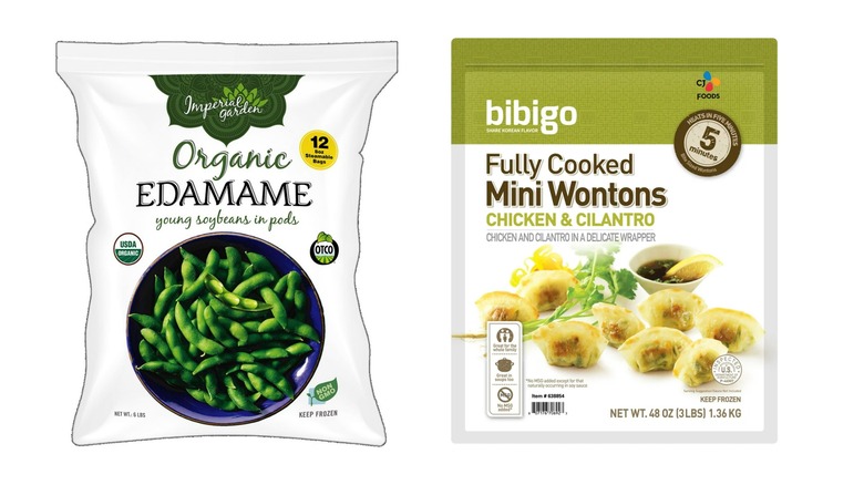 Costco frozen edamame and mini chicken wontons products in their packaging