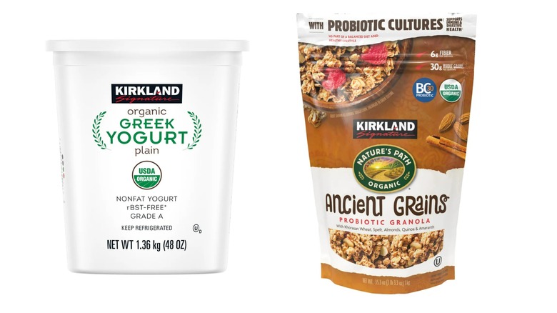 Costco organic Greek yogurt and Ancient Grains granola products in their packaging