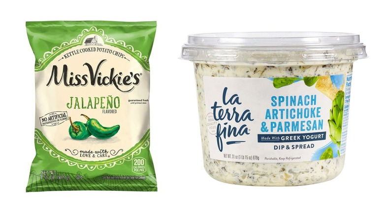 Costco jalapeño kettle chips and spinach artichoke dip products in their packaging