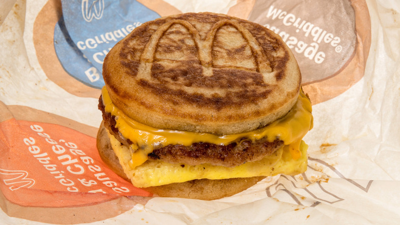 McDonald's sausage, egg, and cheese McGriddle on paper